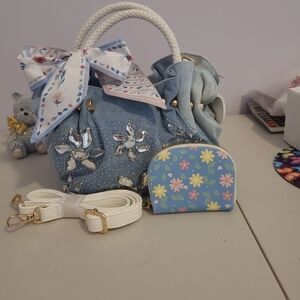 Stylish Light Blue Woman's Faded And Jewel Denim Crossbody Bag